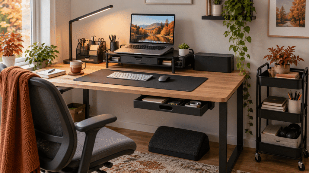 Organized fall workspace with laptop stand, desk organizer, lamp, rolling cart, footrest, and space-saving storage
