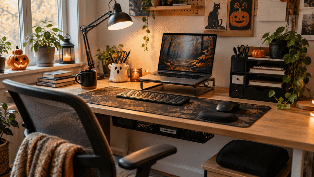 Halloween desk setup for a home office with warm lighting, dark desk mat, laptop stand, ghost pen holder, pumpkins, and organized accessories.