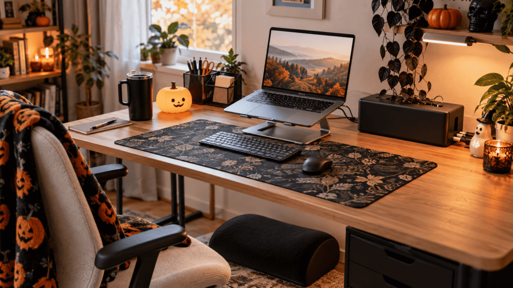 Cozy Halloween work from home desk setup with laptop stand, desk mat, pumpkin light, coffee mug, organizer, and seasonal decor.