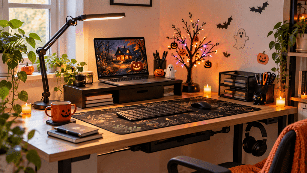 Halloween office decorating ideas for small workspaces with lights, desk organizers, pumpkins, and space-saving accessories