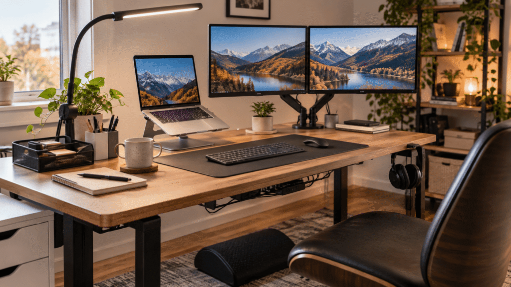 Home office desk setup with laptop stand, dual monitors, desk lamp, keyboard, cable management, footrest, and organization accessories