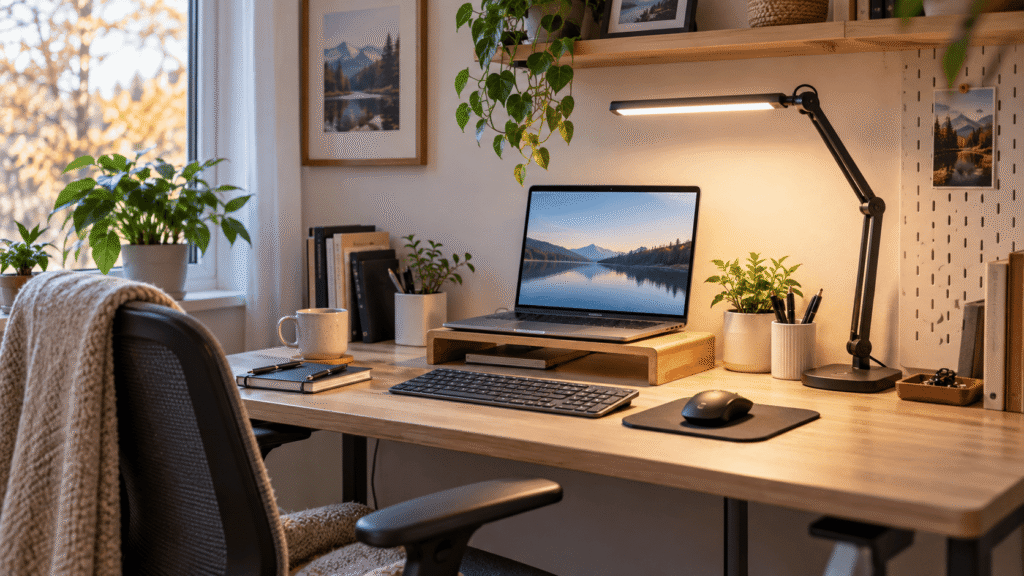 Home office desk setup with adjustable LED desk lamp, laptop, keyboard and workspace accessories