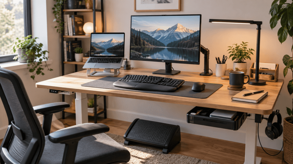 Ergonomic home office desk setup with laptop stand, monitor, keyboard, mouse, office chair and footrest