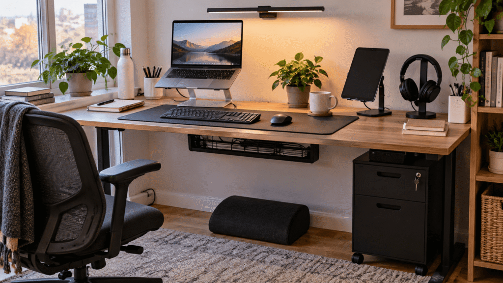Home office desk setup with laptop stand, keyboard, monitor light, headphones, cable management and ergonomic accessories