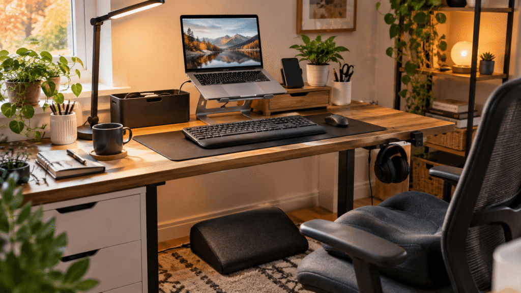 Affordable home office setup with laptop stand, desk lamp, keyboard, mouse, cable organizer and ergonomic accessories