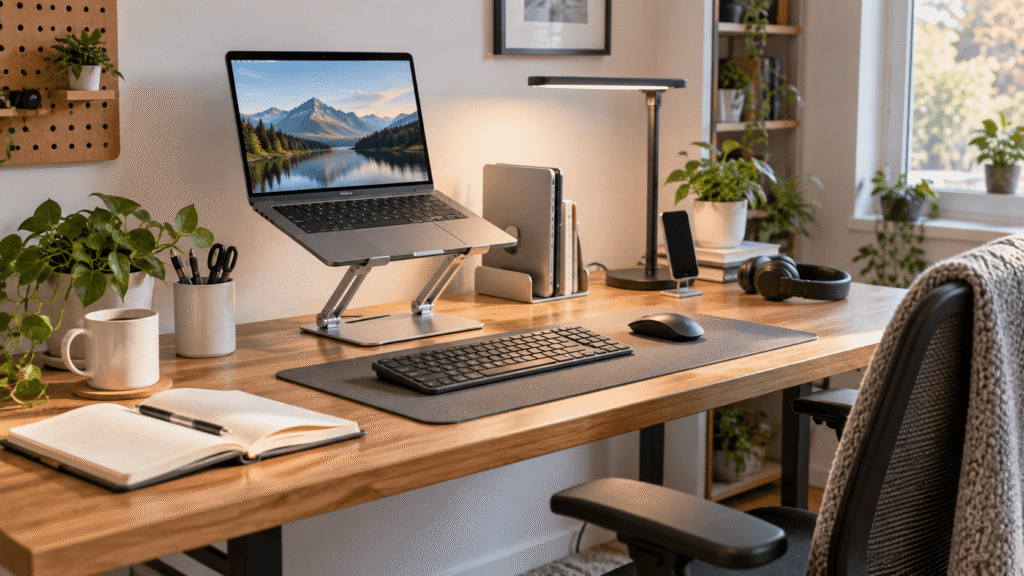 Laptop on an adjustable stand in a clean home office setup with keyboard, mouse, and desk accessories
