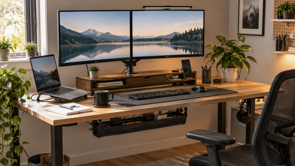 Dual monitor home office setup with monitor arms, laptop, keyboard, light bar and cable management accessories
