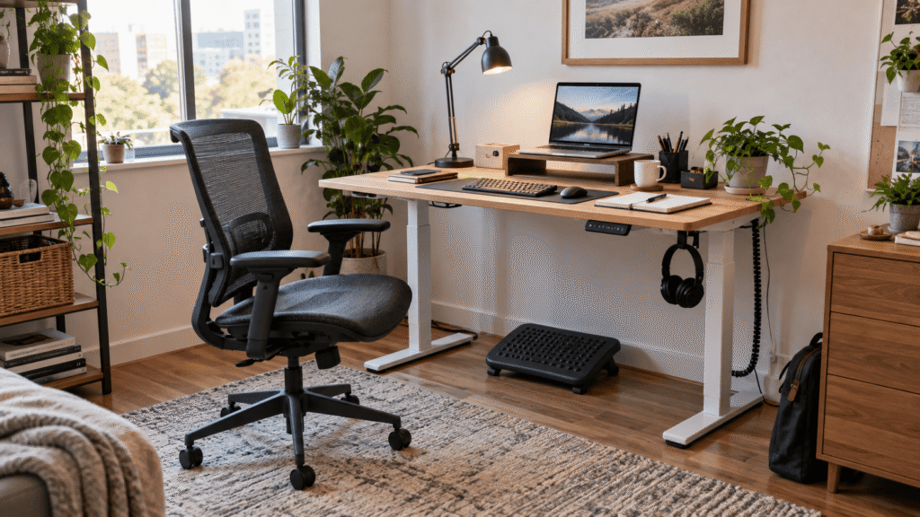 Adjustable standing desk and ergonomic office chair in a practical home office setup.