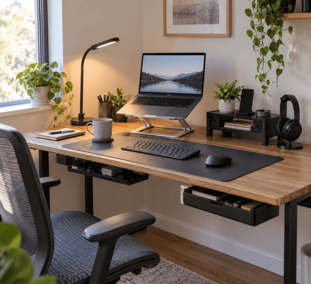 Small home office setup with space-saving desk accessories, laptop stand, desk lamp, organizers, and cable management.