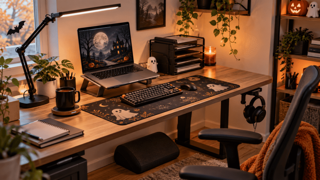Spooky Halloween desk setup with ghost desk mat, warm lighting, laptop, keyboard, desk organizer, and cozy fall accessories.