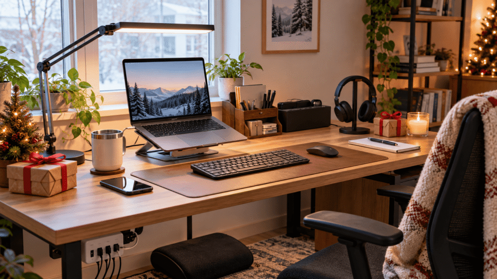 Cozy Christmas home office desk setup with practical gifts for office workers, including a laptop stand, desk lamp, organizer, mug, and headphones.